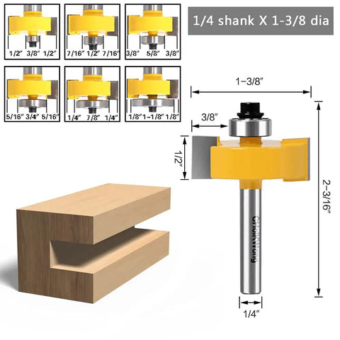 Quarter Inch Shank Rabbet Router Bit With Six Carbide Tips And Interchangeable Bearings displaying dimensions and rabbet cut example.