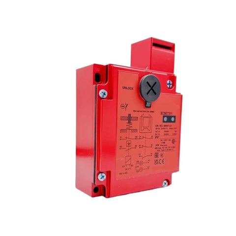 Heavy Duty Safety Door Switch With Insert Solenoid Guard Lock For Industrial Machinery mounted on a wall, featuring a red sturdy housing.