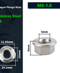 Tough As Nails 50 Pack M6 Flange Nuts With Smooth Washer Head Premium 304 Stainless Steel, size dimensions shown.