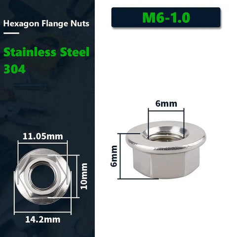 Tough As Nails 50 Pack M6 Flange Nuts With Smooth Washer Head Premium 304 Stainless Steel, size dimensions shown.