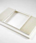 OEM Grill Replacement Part S99110424 for various vent hood models, white plastic frame on angled view for DIY fit