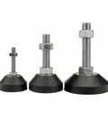 Three sizes of Four Pack Heavy Duty Adjustable Leveling Feet With Non Slip Rubber Glides and Swivel Bases for furniture stability.
