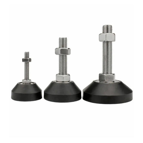 Three sizes of Four Pack Heavy Duty Adjustable Leveling Feet With Non Slip Rubber Glides and Swivel Bases for furniture stability.