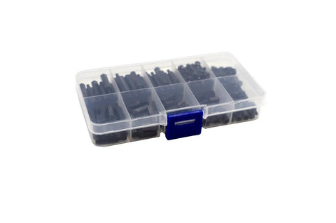 320 Piece M2.5 Nylon Hex Spacer Standoff Kit With Screws And Nuts In Black; plastic storage box view