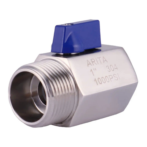 Mini Ball Valve Three Quarter Inch Stainless Steel 304 Reduced Port 1000 PSI For Water Oil And Gas With Blue Handle Close-up