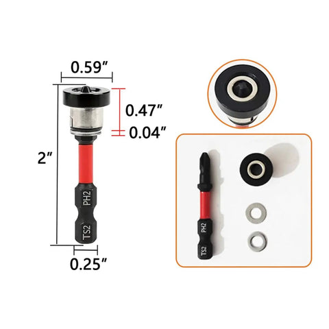 Magnetic Drywall Screw Setter Bits Set With Adjustable Depth and Removable Aluminum Collar PH2 Positioning dimensions