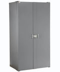 Built Like A Tank Deep Door Bin Cabinet With 96 Solid Red Plastic Organizing Bins Adjustable Shelves Secure Lock Hasp Heavy Duty 270 Swinging Doors Pre Assembled, grey steel storage cabinet.