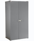 Dope Heavy Duty Deep Door Bin Cabinet With 96 Bright Yellow Plastic Parts Organizers And Adjustable Shelves For Smooth Garage Storage Setup Secure Lock Ready, grey metal cabinet front view.