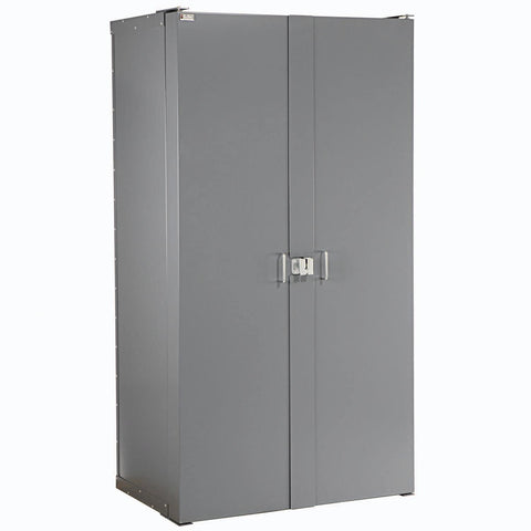 Dope Heavy Duty Deep Door Bin Cabinet With 96 Bright Yellow Plastic Parts Organizers And Adjustable Shelves For Smooth Garage Storage Setup Secure Lock Ready, grey metal cabinet front view.