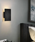 Black Wall Lights for with Switch,Nature Wood Wall Lamp Modern Design, mounted on wall beside bed, warm white lighting.