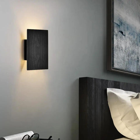 Black Wall Lights for with Switch,Nature Wood Wall Lamp Modern Design, mounted on wall beside bed, warm white lighting.