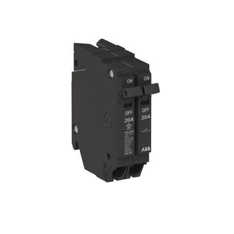 Q-Line THQLT2020 Tandem Circuit Breaker 20A 1P Pair for 120 to 240V Loads, 10 kAIC, Thermal Magnetic Plug On Breaker for Load Centers and Residential Panels, Built Tough With Easy Install and Reliable Overcurrent Protection. black dual 20A tandem breaker with ON/OFF toggles