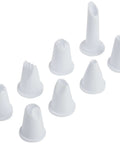 Eight multicolor tips from the Cupcake Injector And Decorating Icing Kit, Nine Piece Stainless Steel Set, for frosting and filling cupcakes.