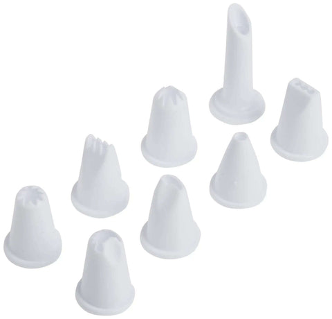 Eight multicolor tips from the Cupcake Injector And Decorating Icing Kit, Nine Piece Stainless Steel Set, for frosting and filling cupcakes.