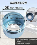 Front view: blue metal iBroPrat trailer hub cap; OD 2.72 in, ID 2.65 in, for 7,000–8,000 lb Dexter axles (4-pack).