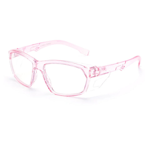 Anti Fog And Scratch Resistant Safety Glasses For Men And Women, Lightweight UV Protection Goggles, clear pink frame side view