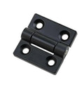 Front view of black zinc alloy torque hinge for industrial electrical cabinet doors; 50×6, 1-piece, with four screw holes
