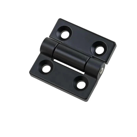 Front view of black zinc alloy torque hinge for industrial electrical cabinet doors; 50×6, 1-piece, with four screw holes
