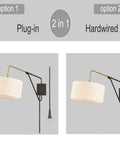 Modern Swing Arm Bedside Wall Lamp With Adjustable Arm And Wall Mount Plug In Or Hardwire Sconce Off White Fabric Shade