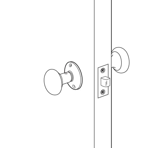 Line drawing of Vintage Brass Door Knob Spindle Set with Satin Nickel Finish, showing square drive installation on a door.