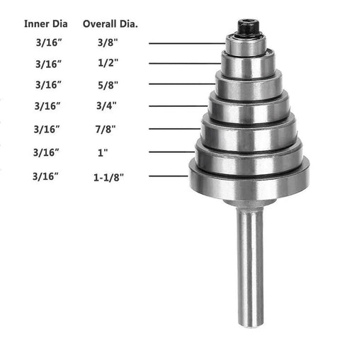 Seven Piece Metal Bearings Replacement Kit For Router Bits Deep Groove Ball Bearings chart with varying diameters.