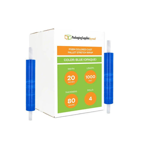 Heavy Duty Dark Blue Stretch Wrap With Built In Core Handles 20 By 1000 Feet Eighty Gauge Super Cling Plastic Film Roll Pack Of Four displayed with rolls.