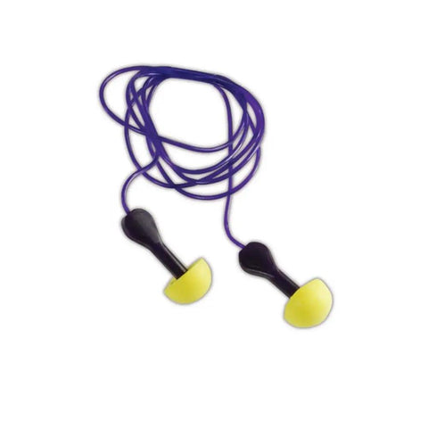 Express Pod Ear Plugs With Color Grips Corded One Size Fits All NRR 25 dB Contoured Soft Foam, yellow plugs with dark blue cord