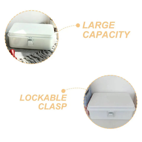 Heavy Duty Vintage White Metal Toolbox Featuring A Tight Snap Shut Locking Latch Tin Storage Case For Everyday Gear And Art Supplies Classic Secure Organizer Trunk with large capacity.