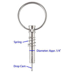 Front view of a 1/4 in stainless steel quick-release pin with drop cam, spring and ring