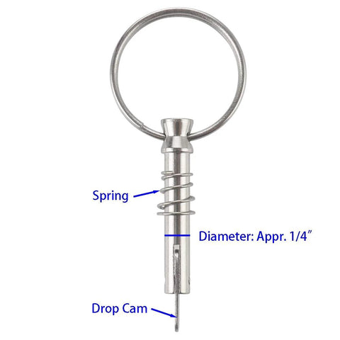 Front view of a 1/4 in stainless steel quick-release pin with drop cam, spring and ring