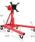 Heavy Duty Folding Engine Stand With Geared 360 Degree Rotating Head And Adjustable Mounting Arms Compact Garage Hoist side view with measurements.