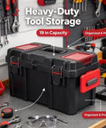 Beefy 19 Inch Tool Box With Big Small Parts Organizer Tray For Nuts Bolts Screws And Drill Bits Made From Dang Tough Resin on workbench.