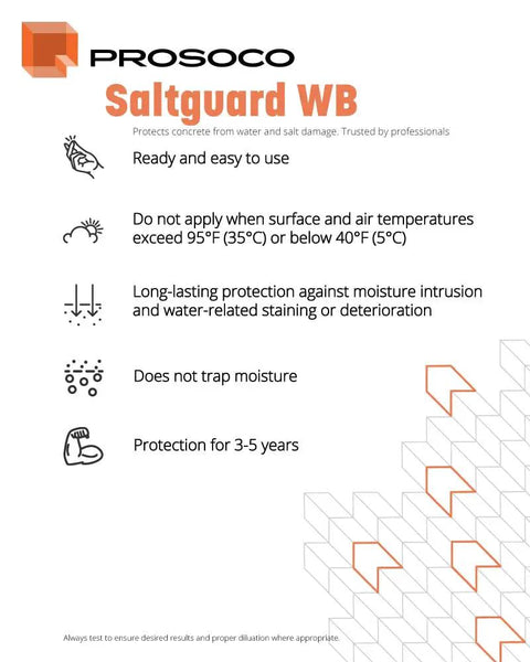Prosoco Saltguard WB information sheet highlighting moisture protection for concrete and prevention of water and salt damage.