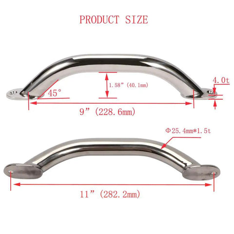 Two Pack 9 Inch Long Polished Stainless Steel Boat Grab Handles with dimensions and angles shown for marine use.