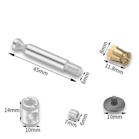 Rock Solid Cam Lock Fittings 20 Pack, Hella Tough Furniture Connectors, Heavy Duty wood joinery screws, various hardware components.