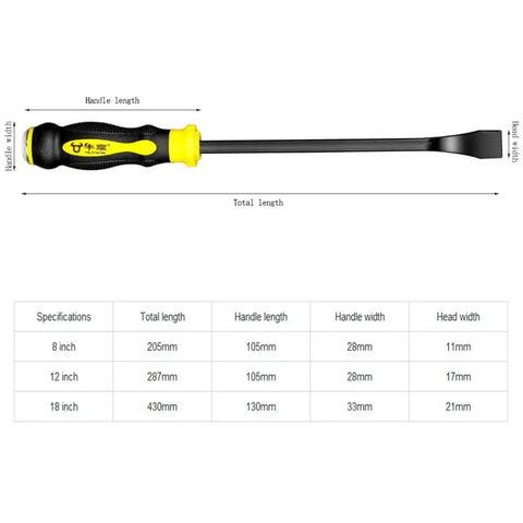 Heavy Duty Pry Bar With Thick Hammer Strike Cap And Angled Tip Ergonomic Non Slip Handle 12 Inch Crowbar diagram specs
