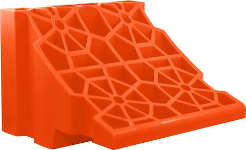 Stop N Chock 2 Pack For No Fuss Safe Parking And Easy Stabilization, orange porous PLA wheel chock, 8.5x8.5x6 inches, side view