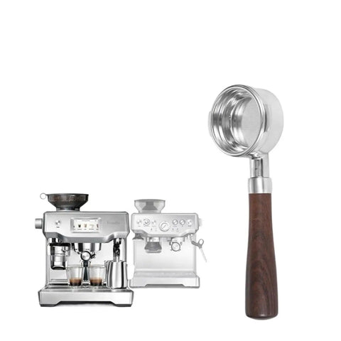 Pull That Perfect Shot With This 58mm Bottomless Portafilter Featuring Two Heavy Duty Filter Baskets And A Straight Up Comfy Wood Handle For Keeping Your Daily Brew Game Tight, showcasing polished steel and wooden handle.