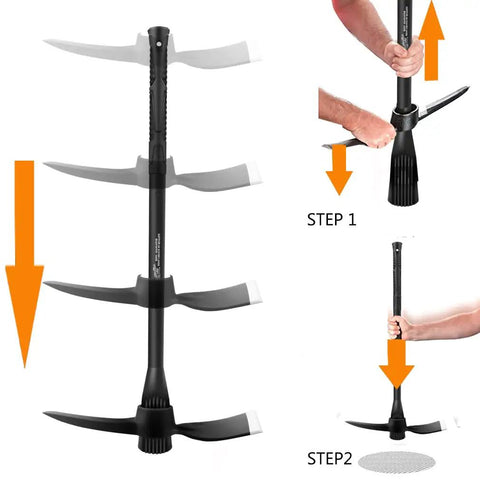 Forged Adze Pick And Mattock With 36 Inch Fiberglass Handle, 5 Pound Head, demonstrating dual-head function and steps for use