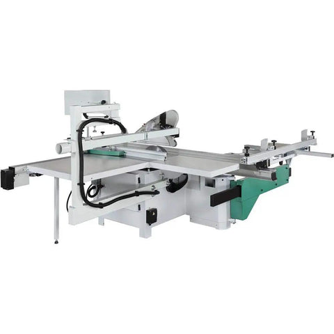 14 Inch 10 HP Three Phase Sliding Table Saw With DRO CNC Fence, heavy-duty design, precision features, sleek black and silver finish.