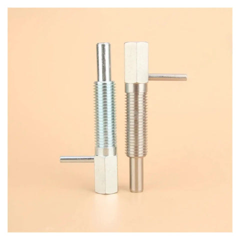 Heavy Duty Retractable Index Plunger Bolt With A Slick L Handle And Rock Solid Lock Design For Long Stroke Machine Tools Offering Smooth Pull And Zero Play shown with two variations, silver and gold finishes.