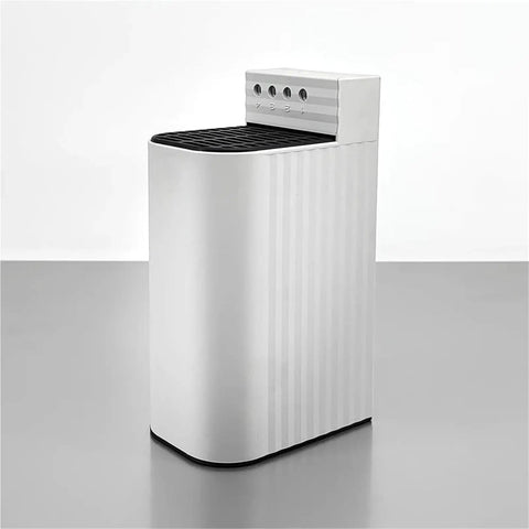 Solid Touch Safe Industrial Space Heater Designed To Keep Cabinets And Workbenches Comfy Without Overheating features sleek white design with control switches on top.