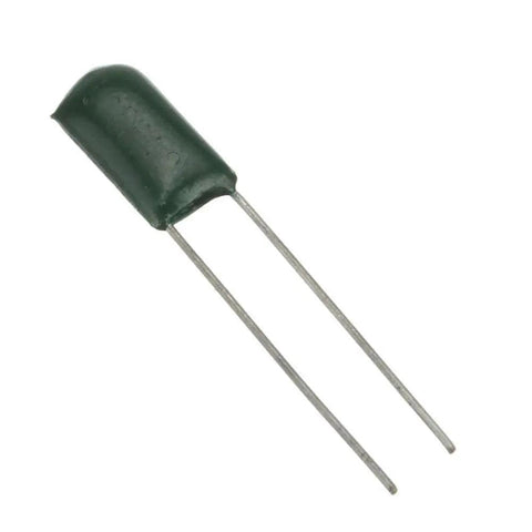Single green Mylar film capacitor with metal leads, part of Capacitor Kit For Electronics Enthusiasts, Metalized Mylar Polyester Film.