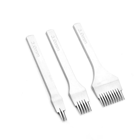 3 2 5 10 Prong Leather Punch Tool Set Pro Grade With White Steel Chisel Kit and Smooth Polished Handles visible on white background.