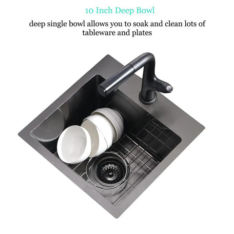Top view of 15 Inch Drop In Bar Sink with a Deep Bowl in 16 Gauge T304 Stainless Steel, shown with dishes in sink.