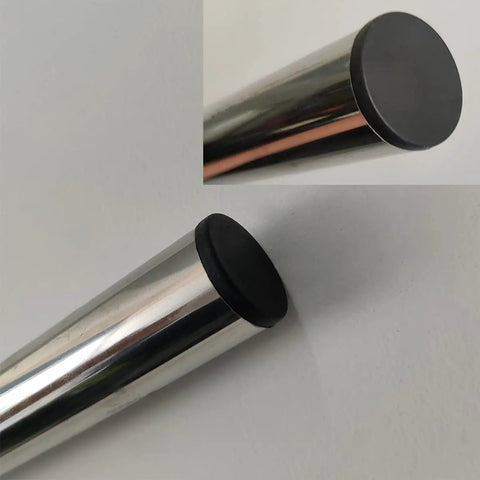 Close-up of 12 Pack Black Plastic End Plugs 25mm Outside Diameter 1 Inch For Round Tubes And Pipes Furniture Finishing Caps Fits 0.81 To 0.93 Inch Hole Size Keeps Ends Clean And Sleek installed on metal tube.