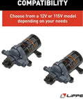 Heavy Duty Flow Max Rv Water Pump With 50 Psi Pressure And 3 Gallons Per Minute Flow, showing 12V and 115V models side by side.