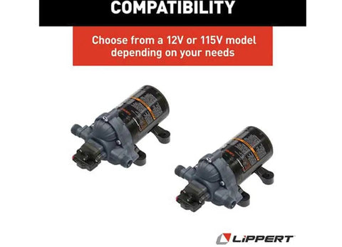 Heavy Duty Flow Max Rv Water Pump With 50 Psi Pressure And 3 Gallons Per Minute Flow, showing 12V and 115V models side by side.