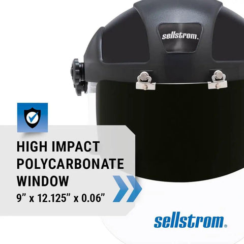 Universal Slot Adapter Safety Face Shield with anti-fog clear polycarbonate window, shade 5 UV IR flip front visor, black.