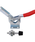 Heavy Duty Horizontal Toggle Clamps Clutch Tight Grip For Woodworking Jigs Welding Fixtures Electroplated Rustproof Steel Shop Built Assembly Hardware 5 Piece with red handle and bolt.